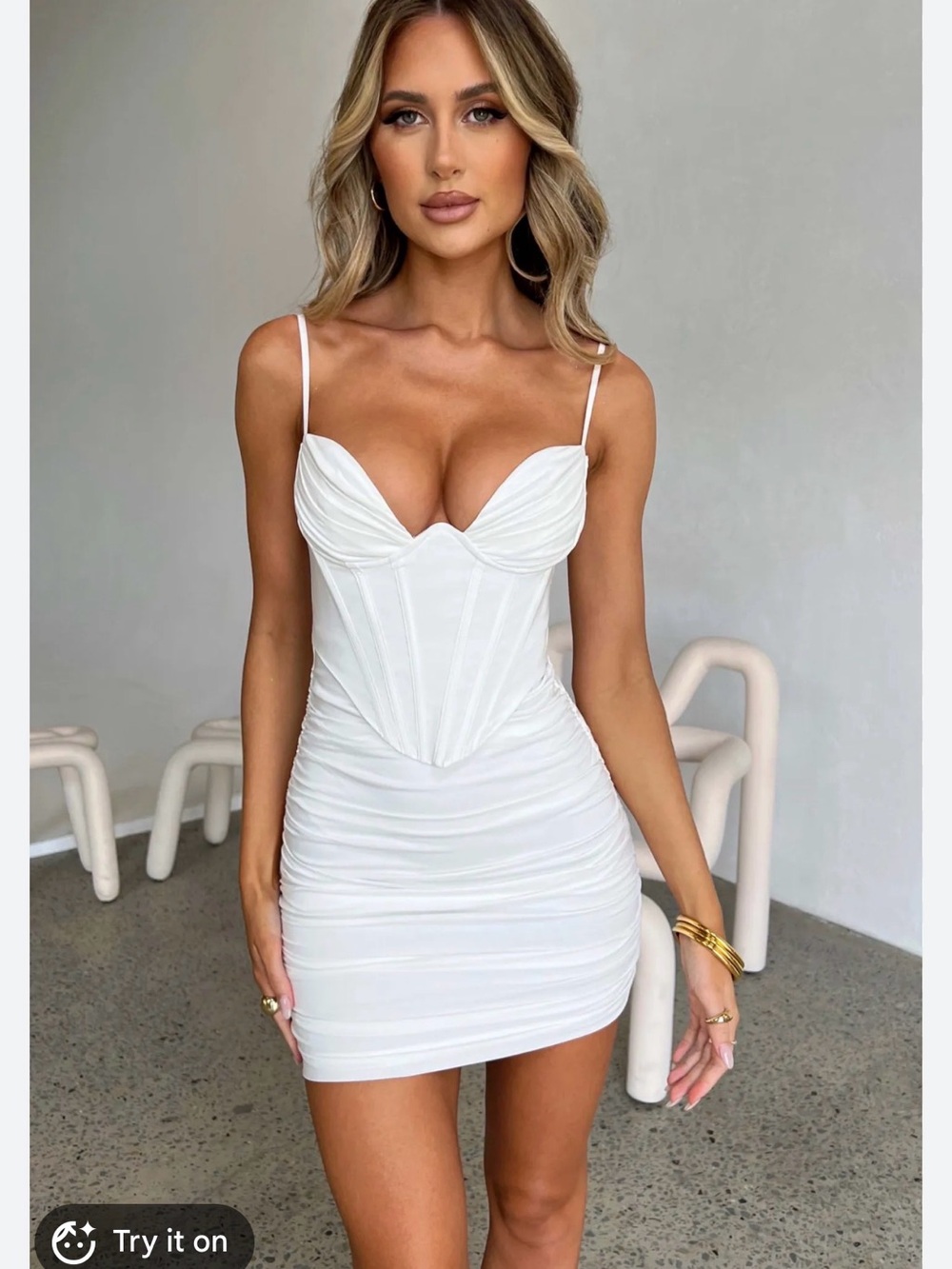 White Ruched Corset Mini Dress with Thin Straps